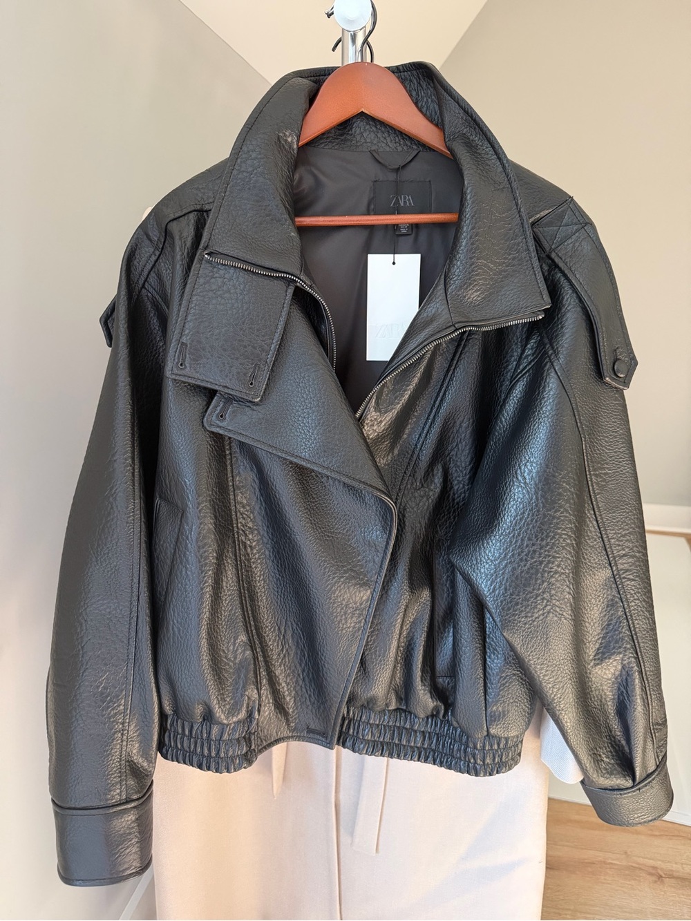 Zara Black Faux Leather Cropped Biker Jacket
